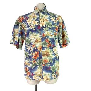 Pierre Cardin Hawaiian Camp Shirt Men M Blue Short Sleeve Floral Island Palm VTG